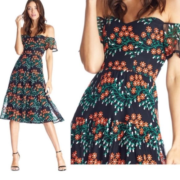 Dress the Population Dresses & Skirts - Dress the Population |  River Embroidered Off the Shoulder Midi Dress